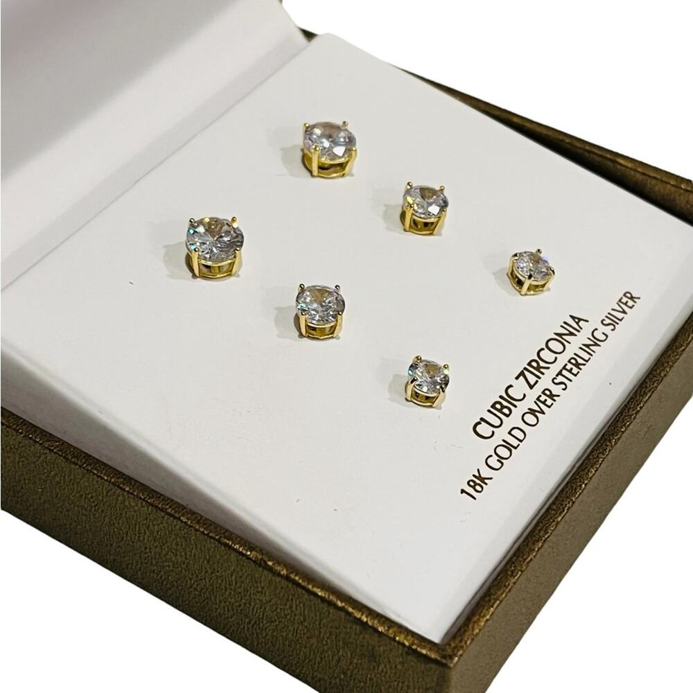 Giani Bernini Earrings Set 6 Pair Solitaire 18k Gold Over Silver Cz Studs Box